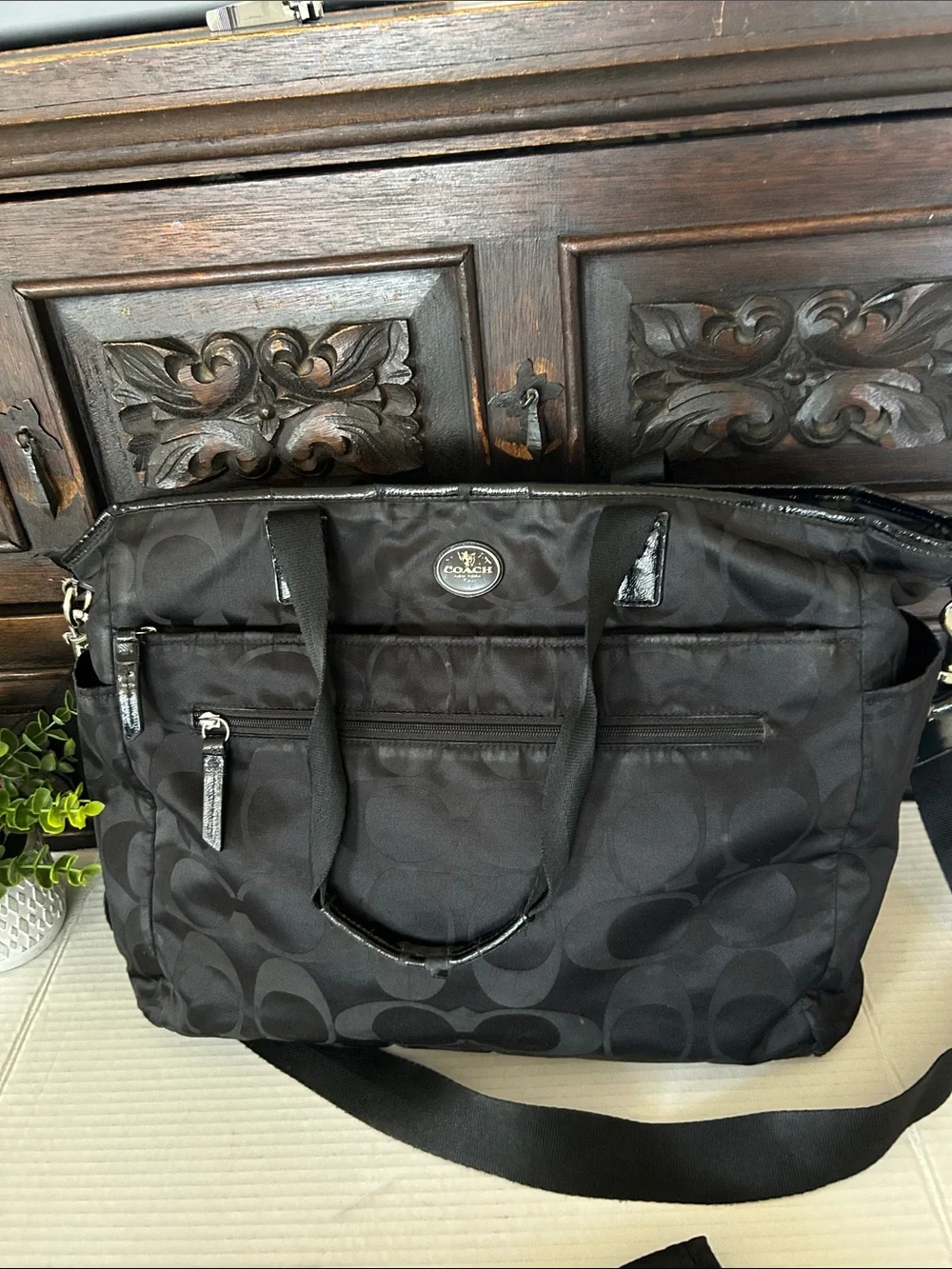 Coach Black Signature Nylon Messenger Bag with Changing Pad